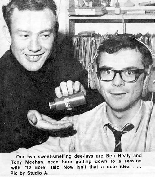 Ben Healy and Tony Meehan advertise talcum powder