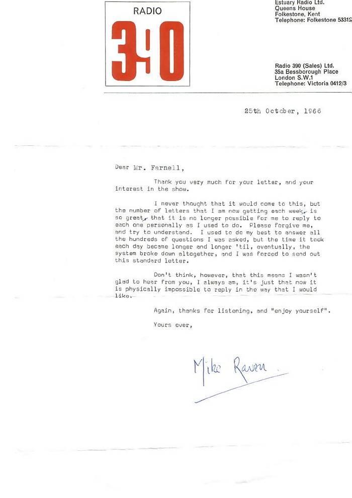 letter from Radio 390 presenter Mike Raven
