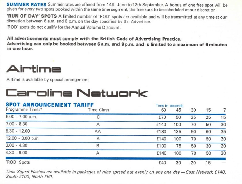 Radio Caroline's second rate card