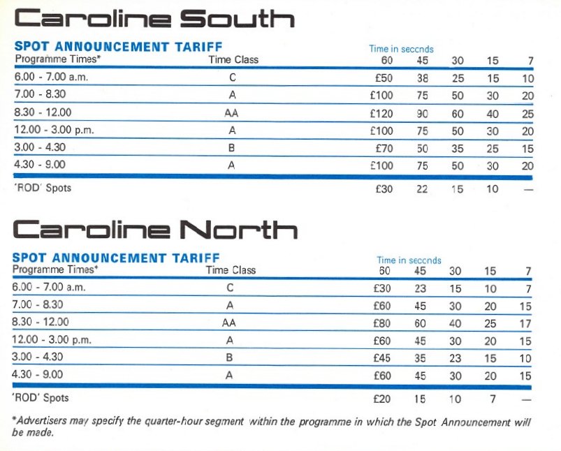 Radio Caroline's second rate card