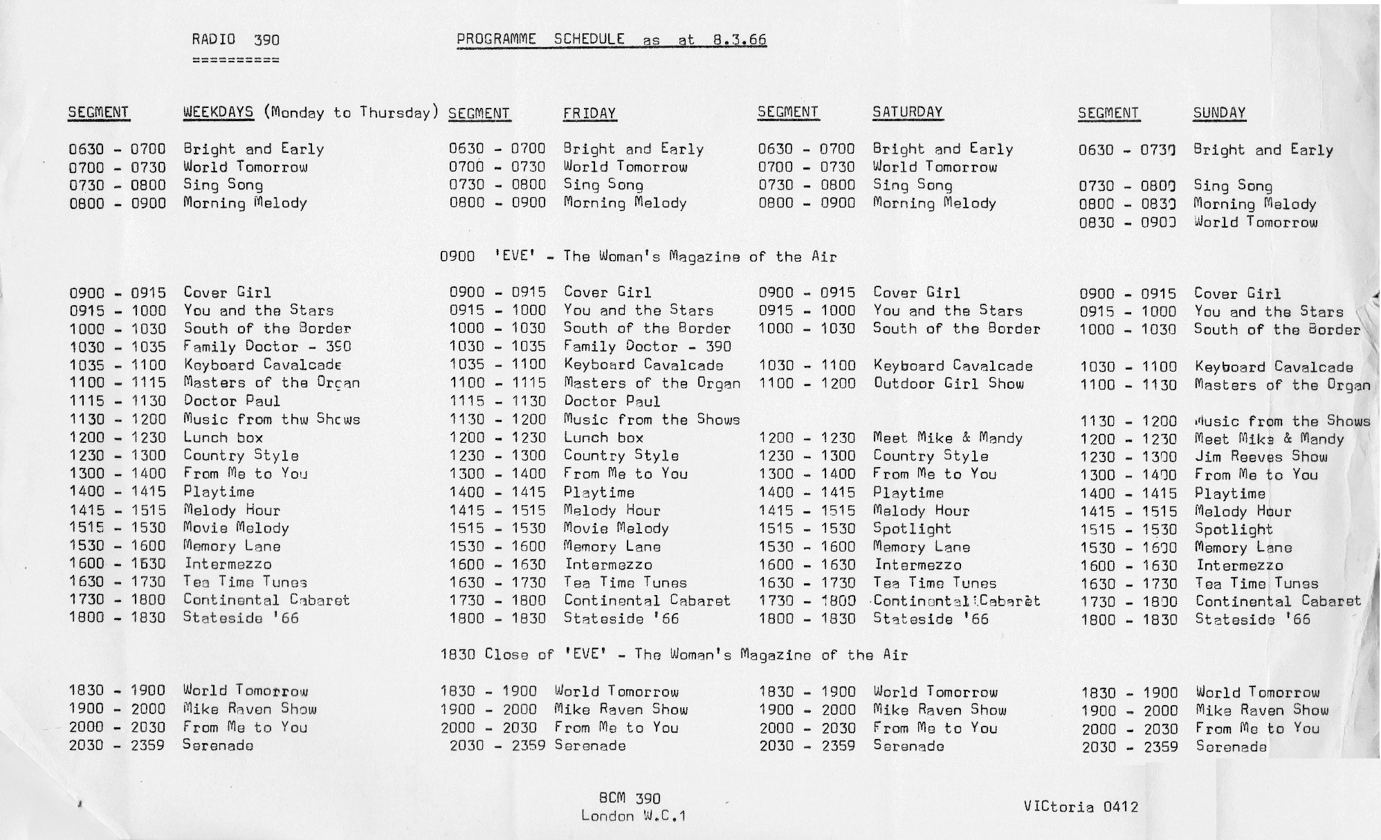 Radio 390 programme schedule