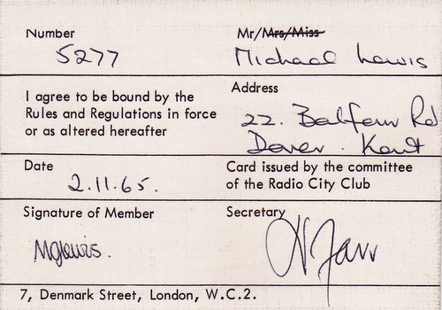Radio City Club membership card